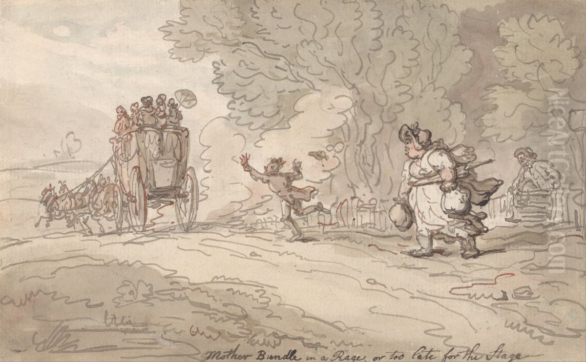Mother Bundle in a Rage or Too late for the Stage Oil Painting by Thomas Rowlandson