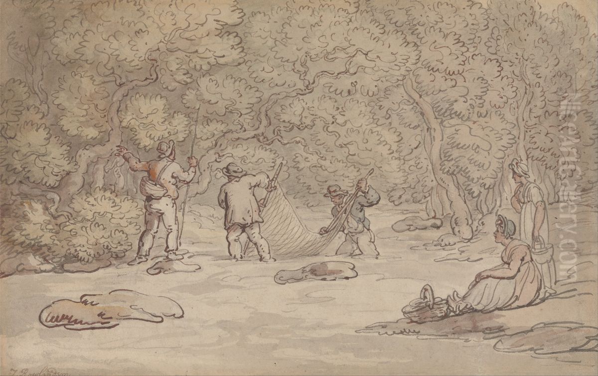 Netting a Salmon Pool Oil Painting by Thomas Rowlandson