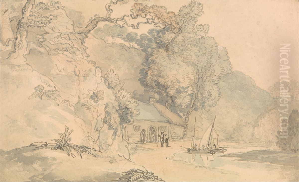 River Scene with Small Boats Oil Painting by Thomas Rowlandson
