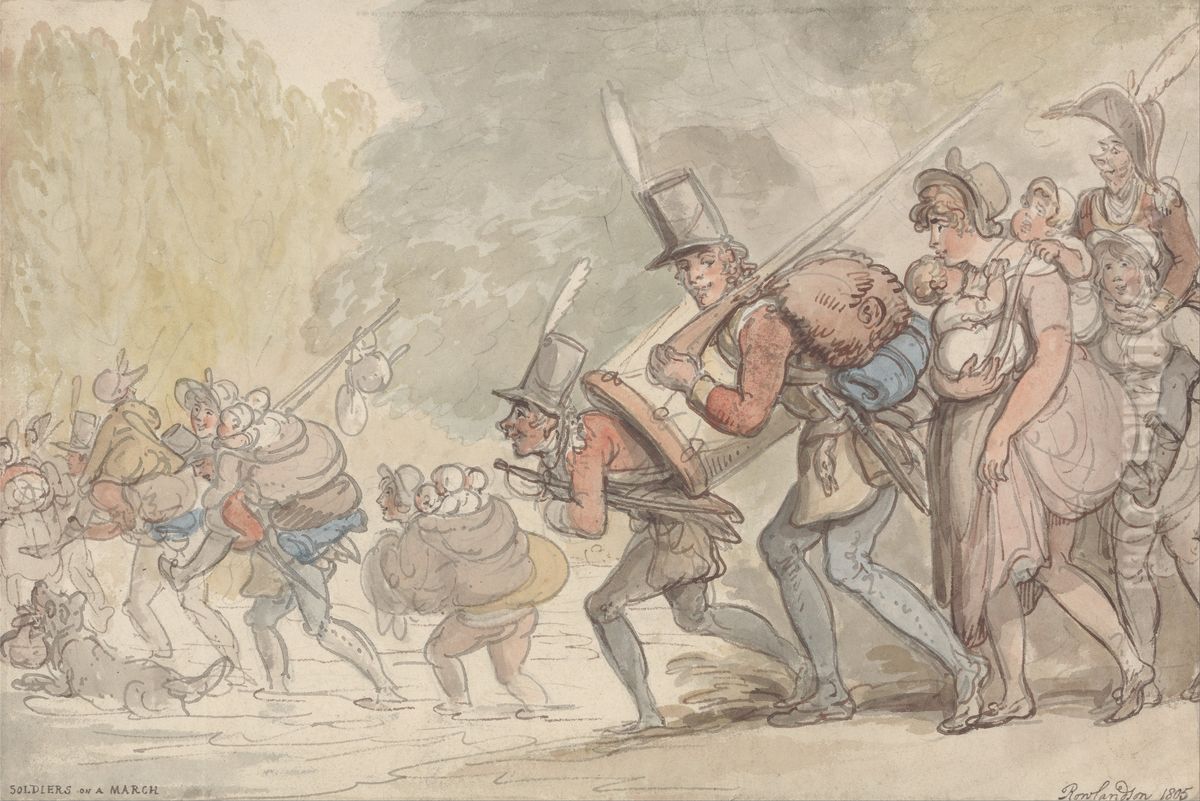 Soldiers on a March Oil Painting by Thomas Rowlandson