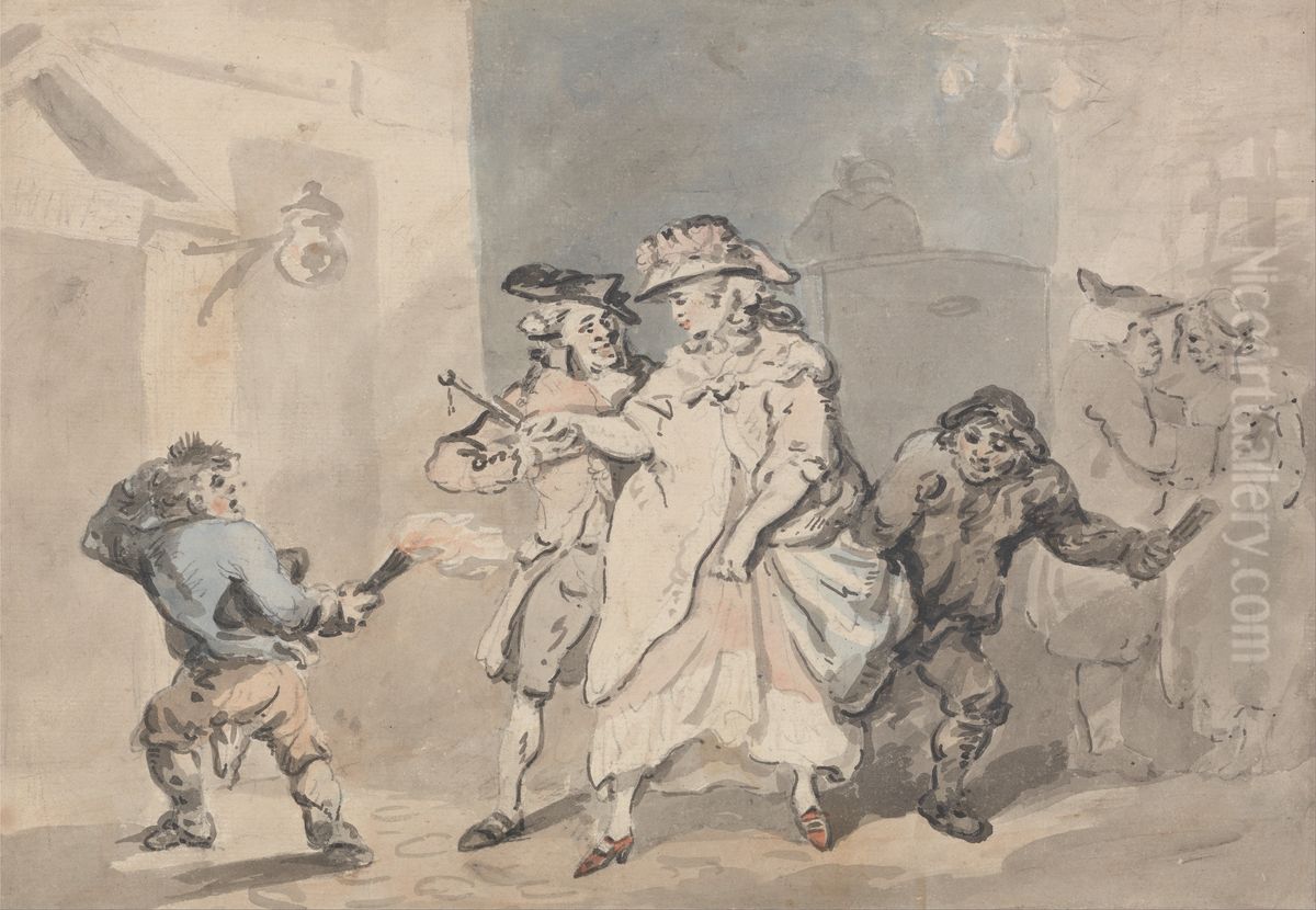 The Inn Door (A Man escorted by two link boys to a door to the left) Oil Painting by Thomas Rowlandson