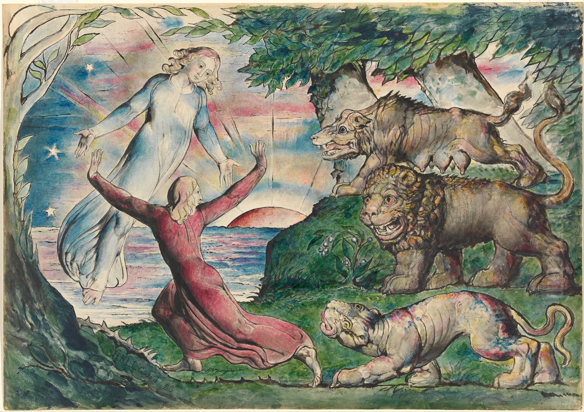 Dante running from the three beasts Oil Painting by William Blake
