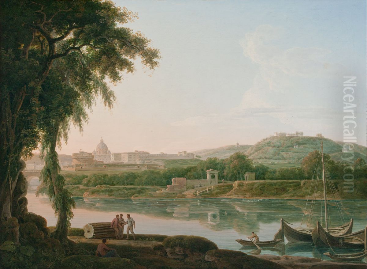 A distant view of Rome across the Tiber Oil Painting by Jacob More