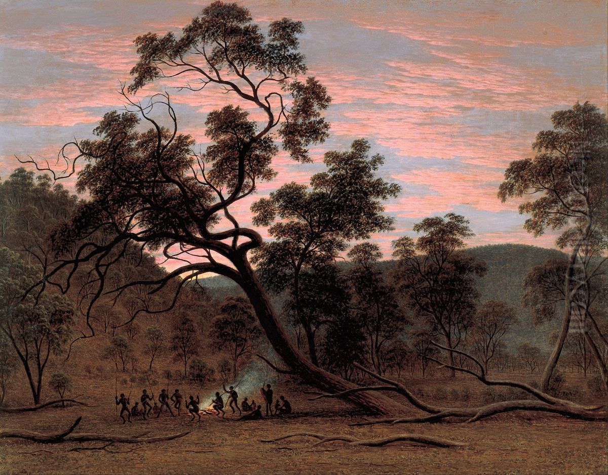 A corroboree of natives in Mills Plains Oil Painting by John Glover