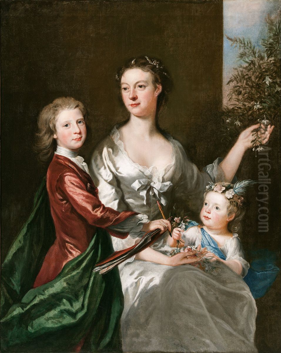 The artist's wife Susanna, son Anthony and daughter Susanna Oil Painting by Joseph Highmore