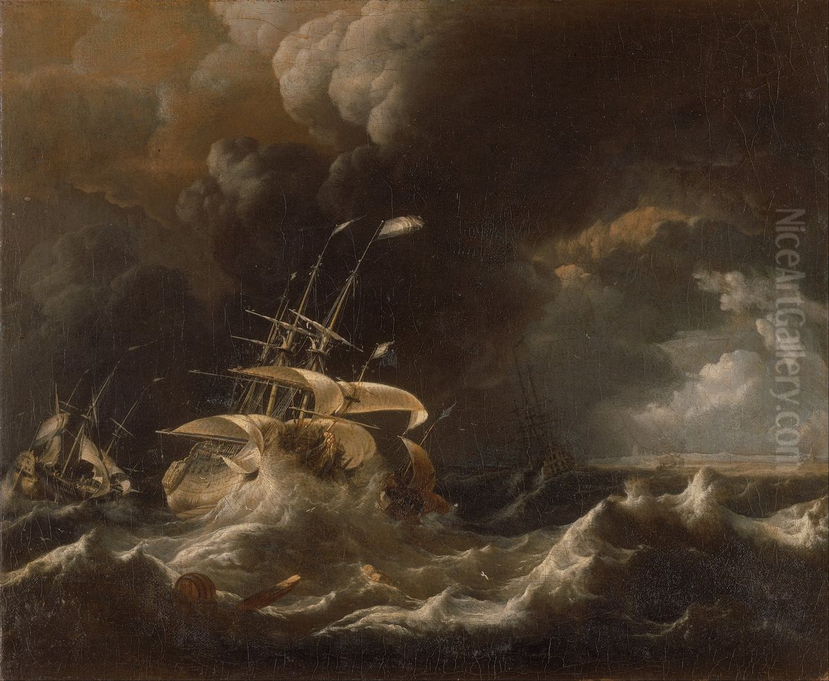 Dutch Merchant - Ships in a Storm Oil Painting by Ludolf Bakhuizen