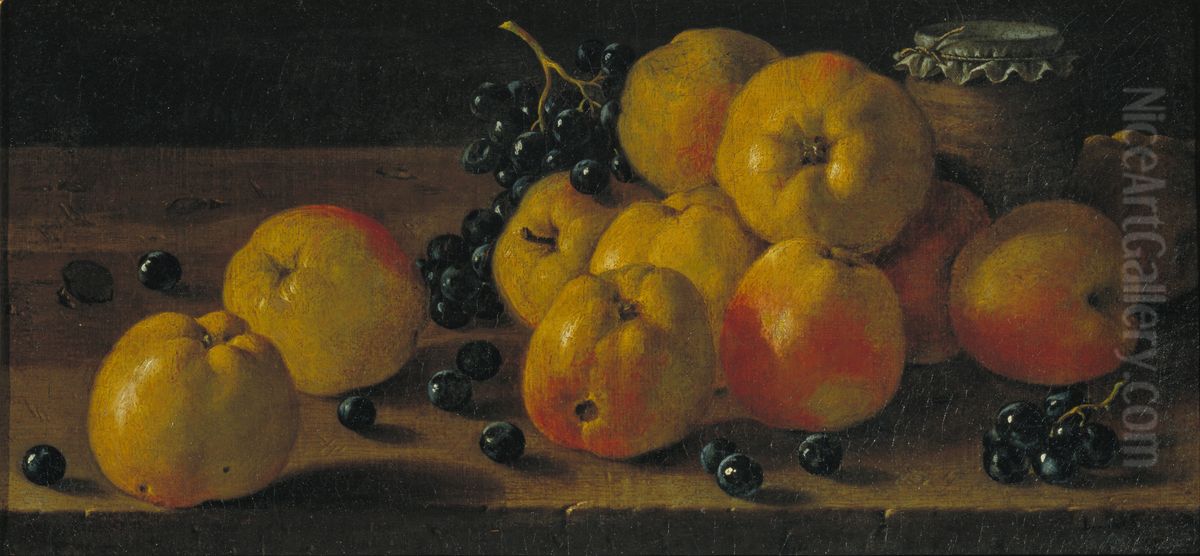 Still Life with Apples, Grapes and a Pot of Jam Oil Painting by Luis Egidio Melendez