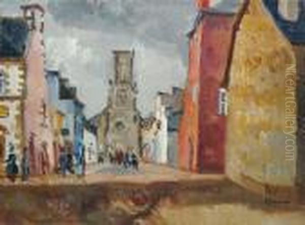 Rue Animee A L'eglise Oil Painting by Edmond Ceria