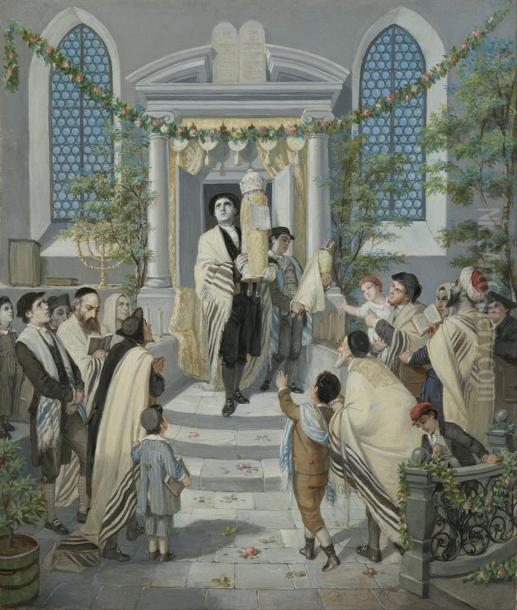Shavuot (Pentecost) (Das Wochen- oder Pfingst-Fest) Oil Painting by Moritz Daniel Oppenheim