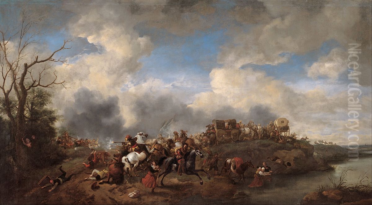 A cavalry battle Oil Painting by Philips Wouwerman