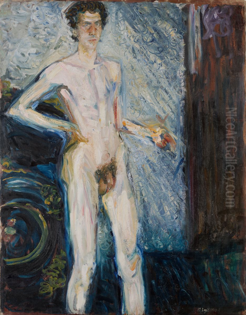 Deutsch:Selbstakt mit Palette Oil Painting by Richard Gerstl