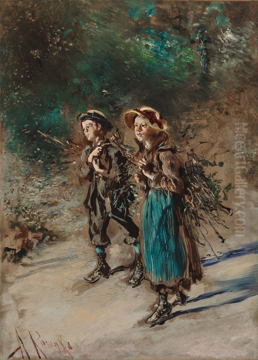 Children with Brushwood Oil Painting by Anton Romako