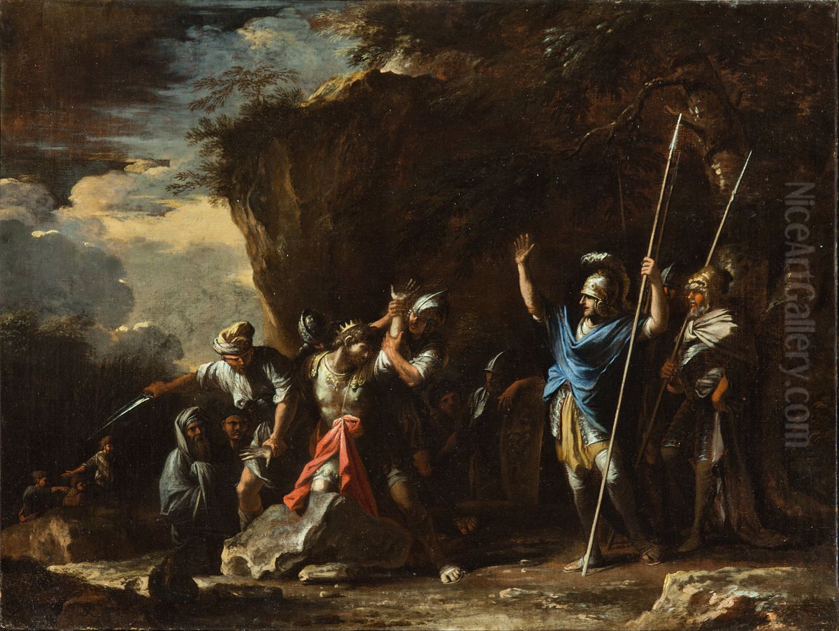 The deaf-mute son of King Croesus prevents the Persians from killing his father Oil Painting by Salvator Rosa