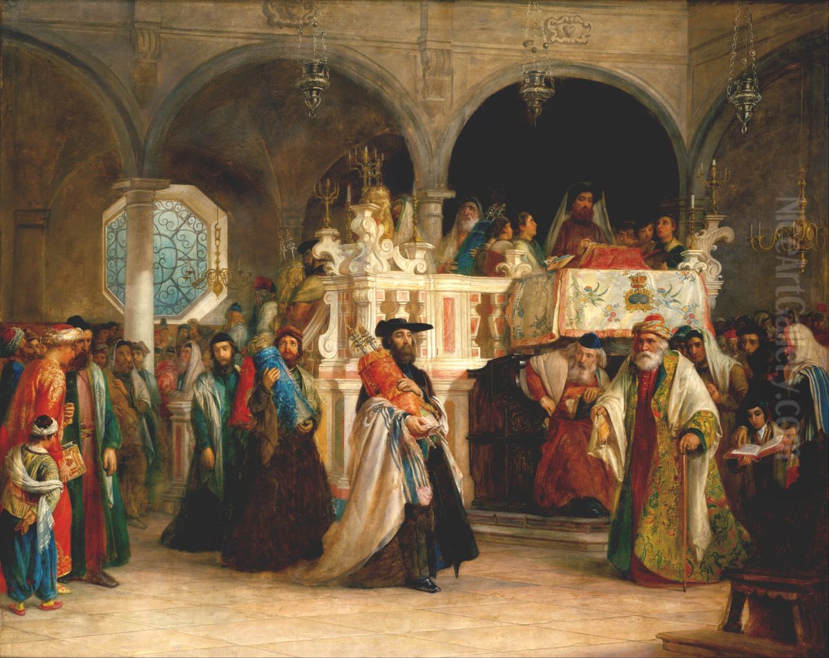 The Feast of the Rejoicing of the Law at the Synagogue in Leghorn, Italy Oil Painting by Solomon Hart