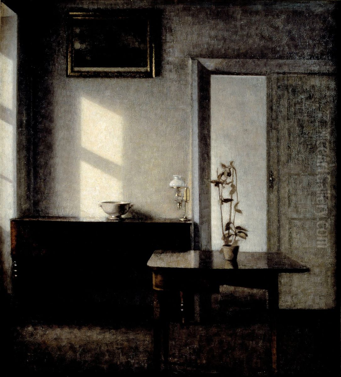 Interior with potted plant on card table, Bredgade 25 Oil Painting by Vilhelm Hammershoi