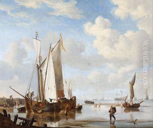 A wijdschip and a kaag in an inlet close to a sea-wall