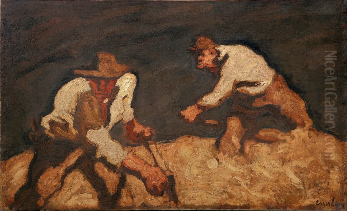 Reapers in a GatheringStorm Oil Painting by Albin Egger-Lienz