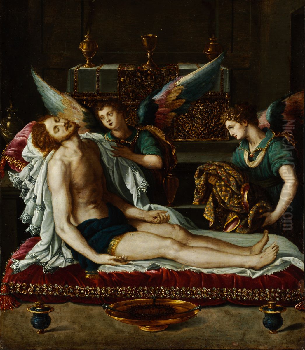 The Body of Christ Anointed by Two Angels Oil Painting by Alessandro Allori