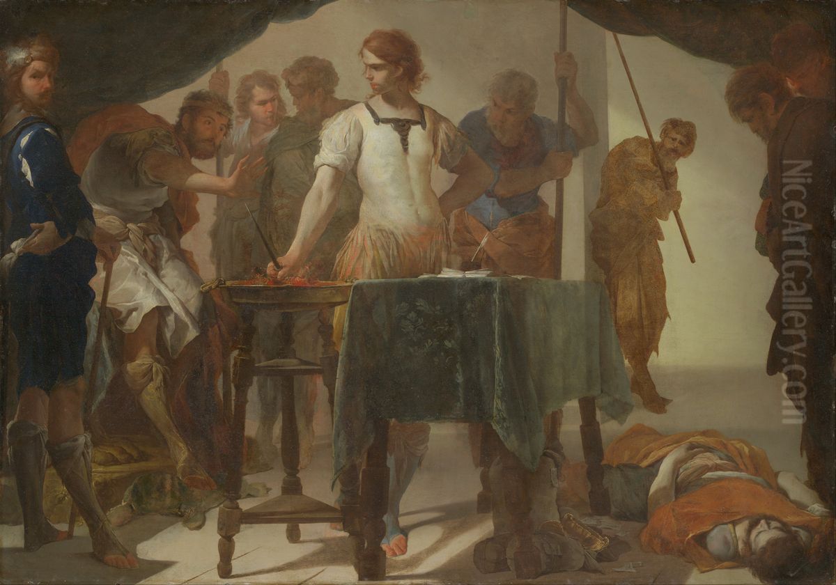 Mucius Scaevola Confronting King Porsenna Oil Painting by Bernardo Cavallino