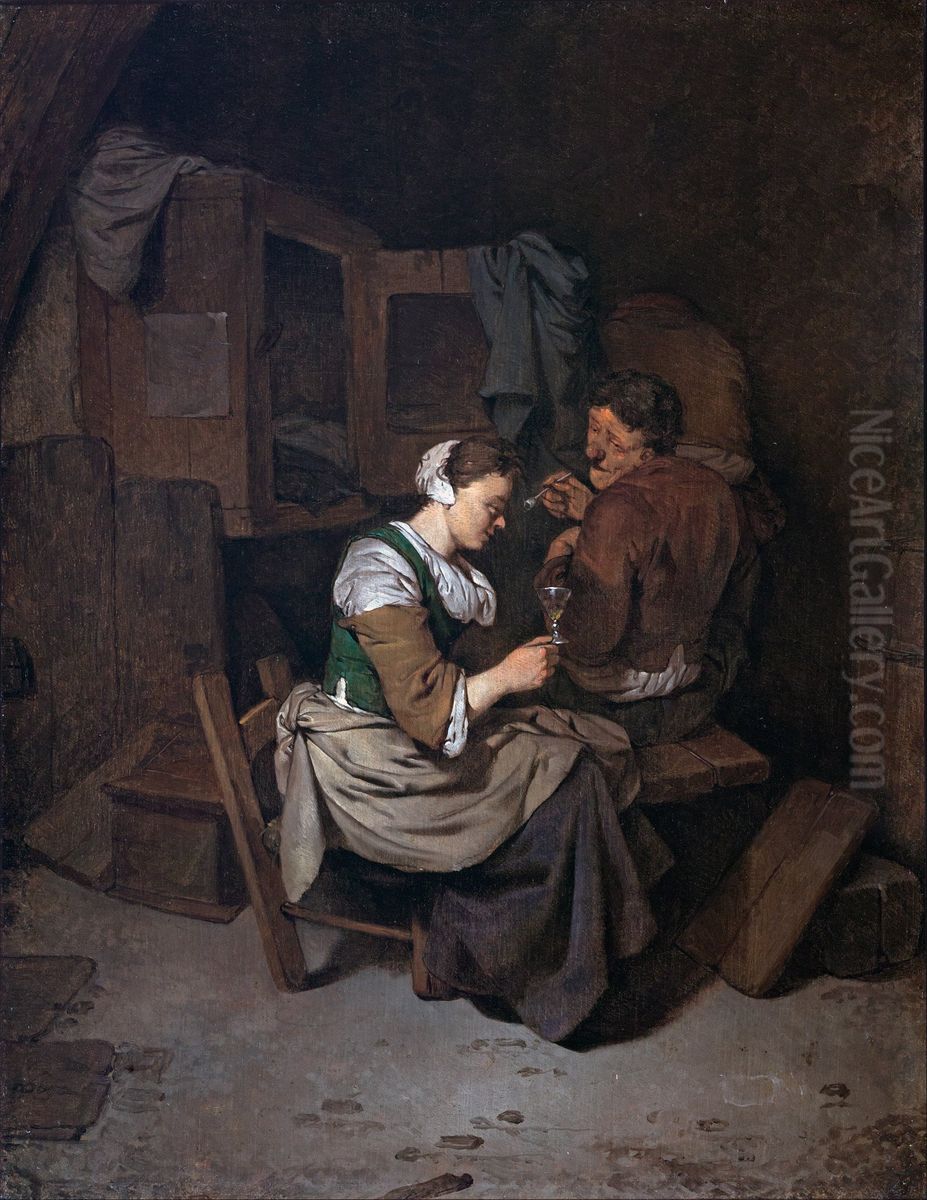 Woman with wineglass and two male peasants Oil Painting by Cornelis Pietersz Bega