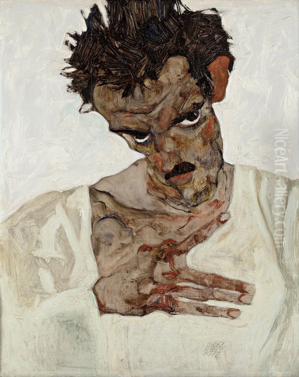 Self-Portrait with Lowered Head Oil Painting by Egon Schiele