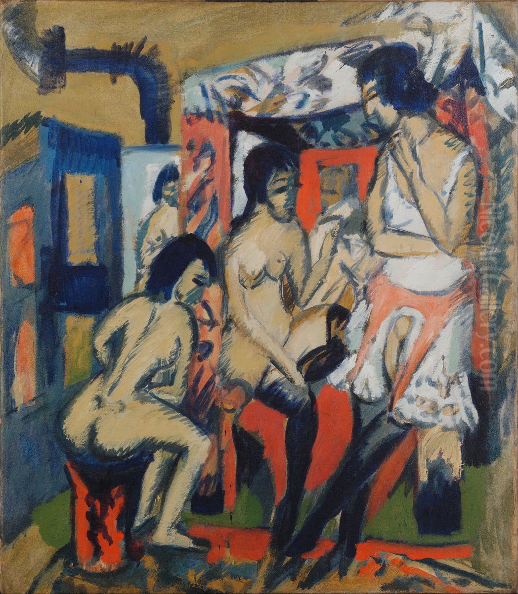 Nudes in Studio Oil Painting by Ernst Ludwig Kirchner