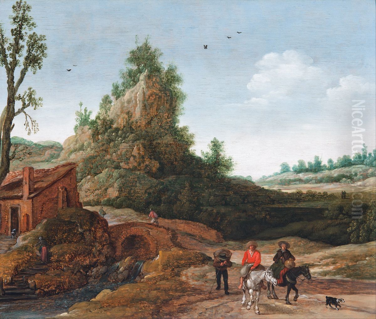 A landscape with travellers crossing a bridge before a small dwelling, horsemen in the foreground Oil Painting by Esaias Van De Velde
