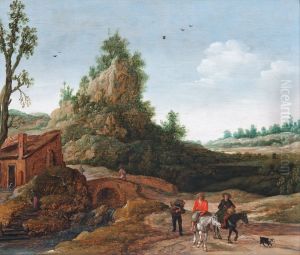 A landscape with travellers crossing a bridge before a small dwelling, horsemen in the foreground