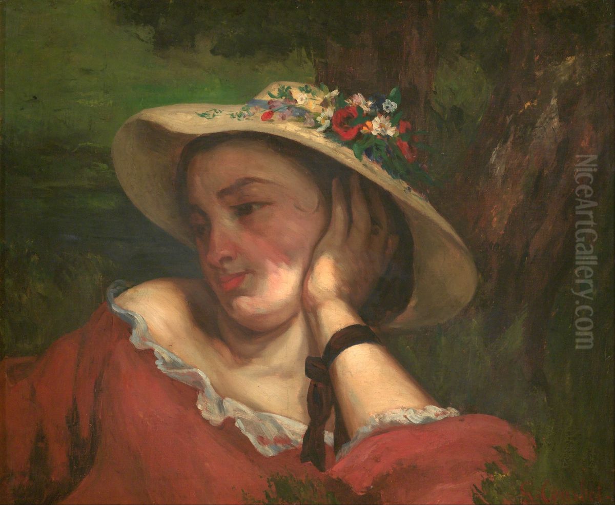 Young Ladies on the bank of the Seine - fragment of a painting (Woman with Flowers on Her Hat) Oil Painting by Gustave Courbet