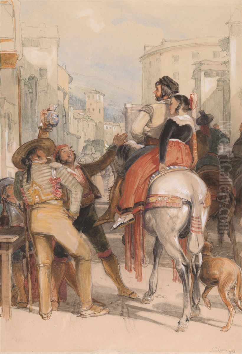 A Street Scene in Granada on the Day of the Bullfight Oil Painting by John Frederick Lewis