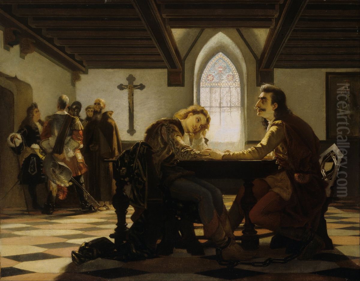 Peter Zrinyi and Kristof Frangepan in Prison at Wiener Neustadt Oil Painting by Viktor Madarasz