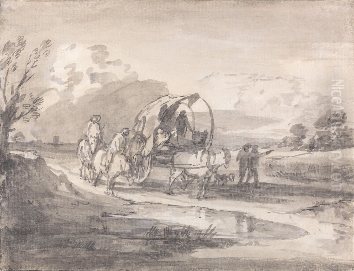 Open Landscape with Horsemen and Covered Cart Oil Painting by Thomas Gainsborough