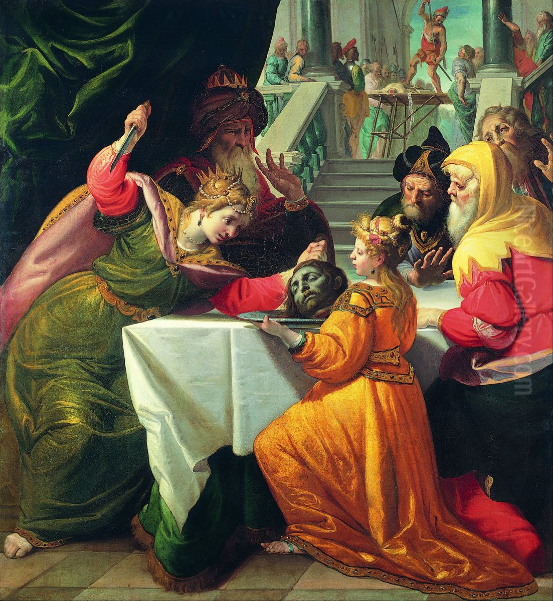 Herodias presented with the Head of the Baptist by Salome Oil Painting by Giovanni Andrea Ansaldo