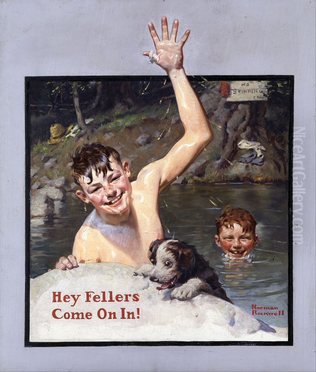 Hey Fellers, Come On In! Oil Painting by Norman Rockwell