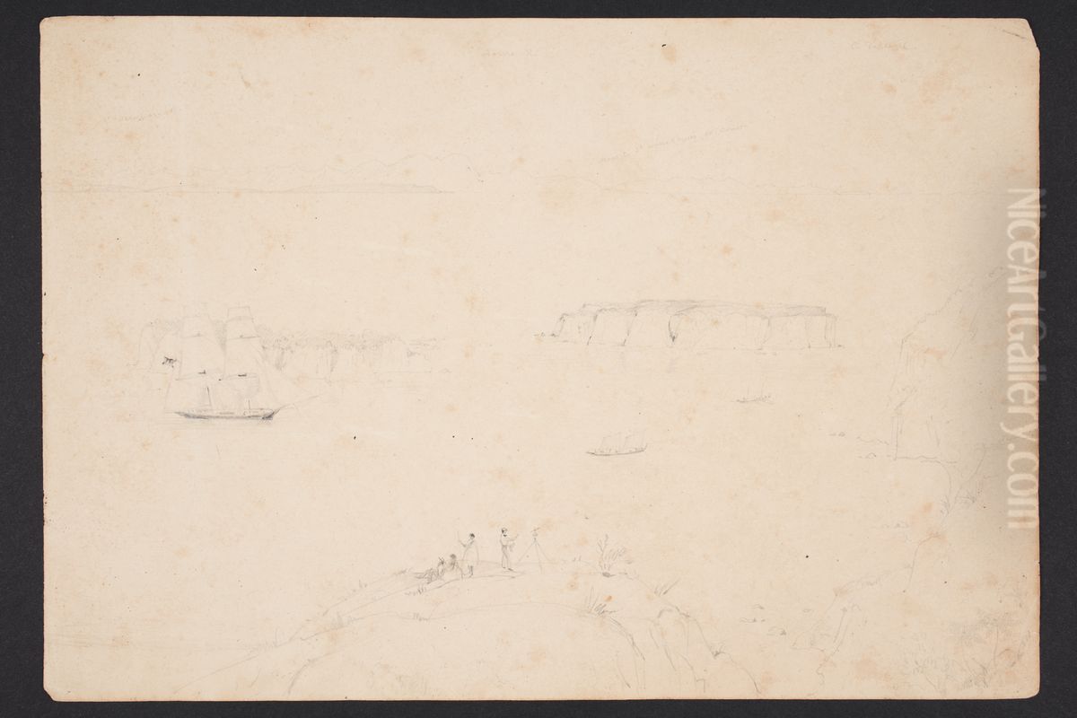 The anchorage at Massacre Bay. Aorere mountains in the distance. Oil Painting by Charles Heaphy