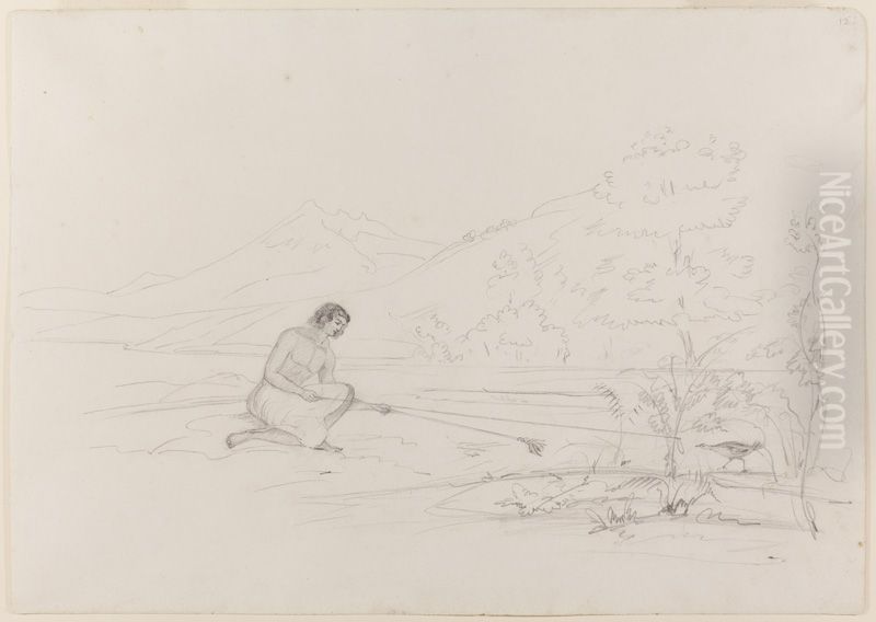 [Maori snaring bird] Oil Painting by Charles Heaphy