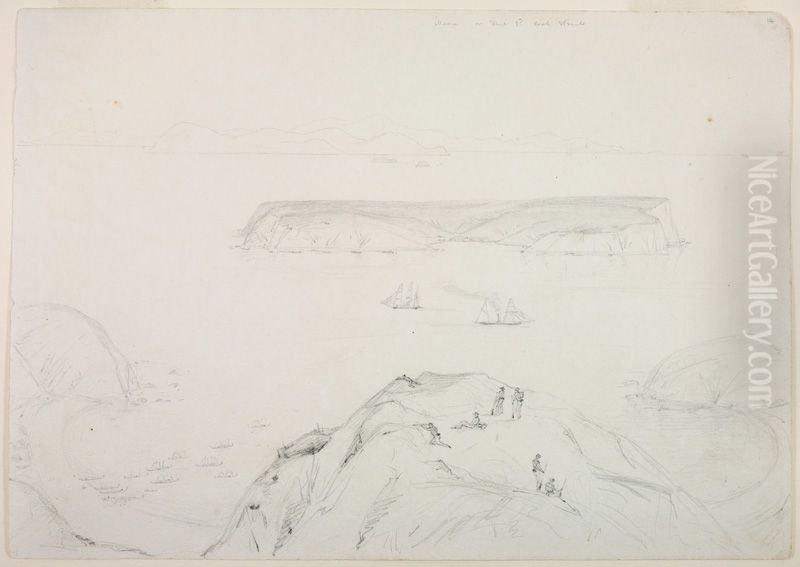 Mana or Flat Id. Cook Straits Oil Painting by Charles Heaphy