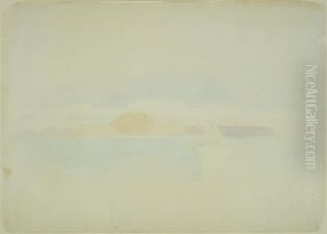 [View of hills with sea and ship in foreground]