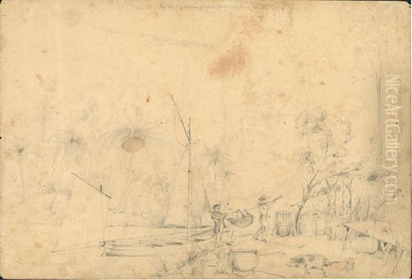 Pig hunting, Waika, Massacre Bay. March 1844. Limestone Cliffs. Oil Painting by Charles Heaphy