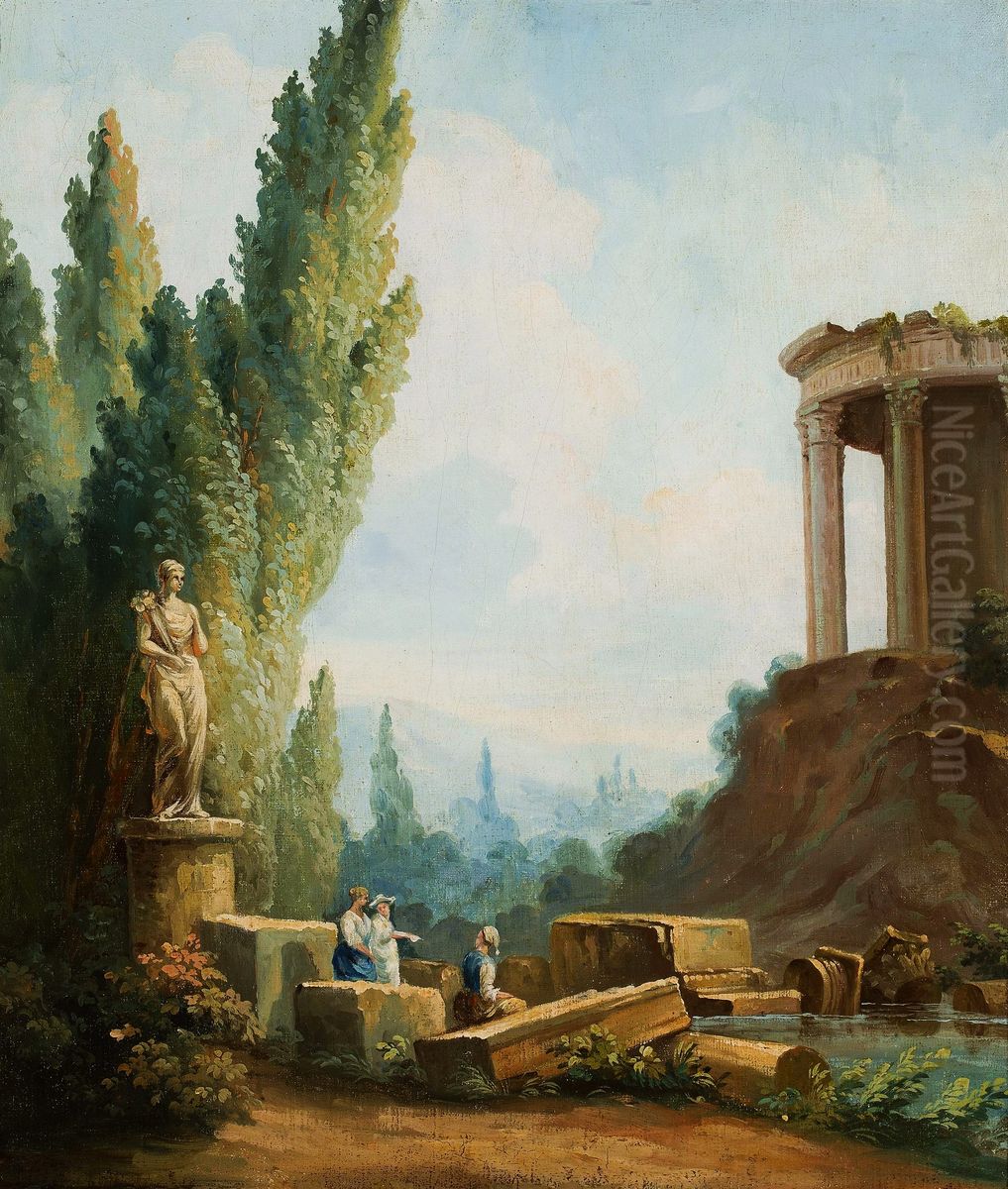 Landscape with the ruins of the Temple of the Sibyl in Tivoli Oil Painting by Hubert Robert