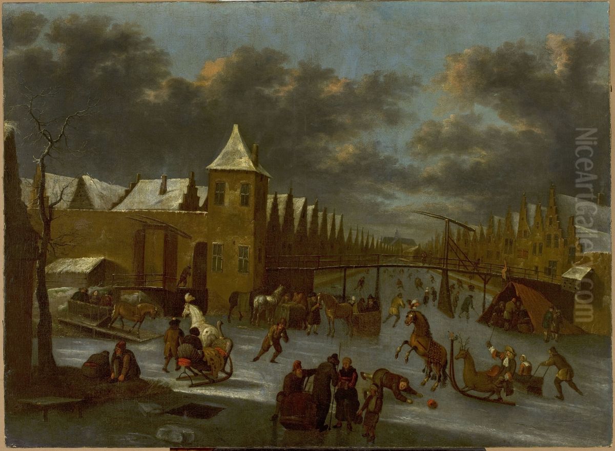 Skating on the canal Oil Painting by Thomas Heeremans