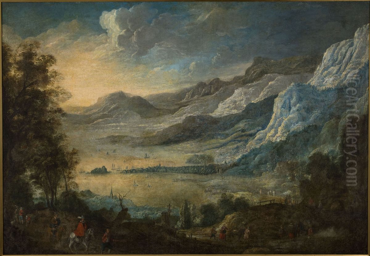 Mountain valley with a harbour Oil Painting by Joos de Momper the Younger