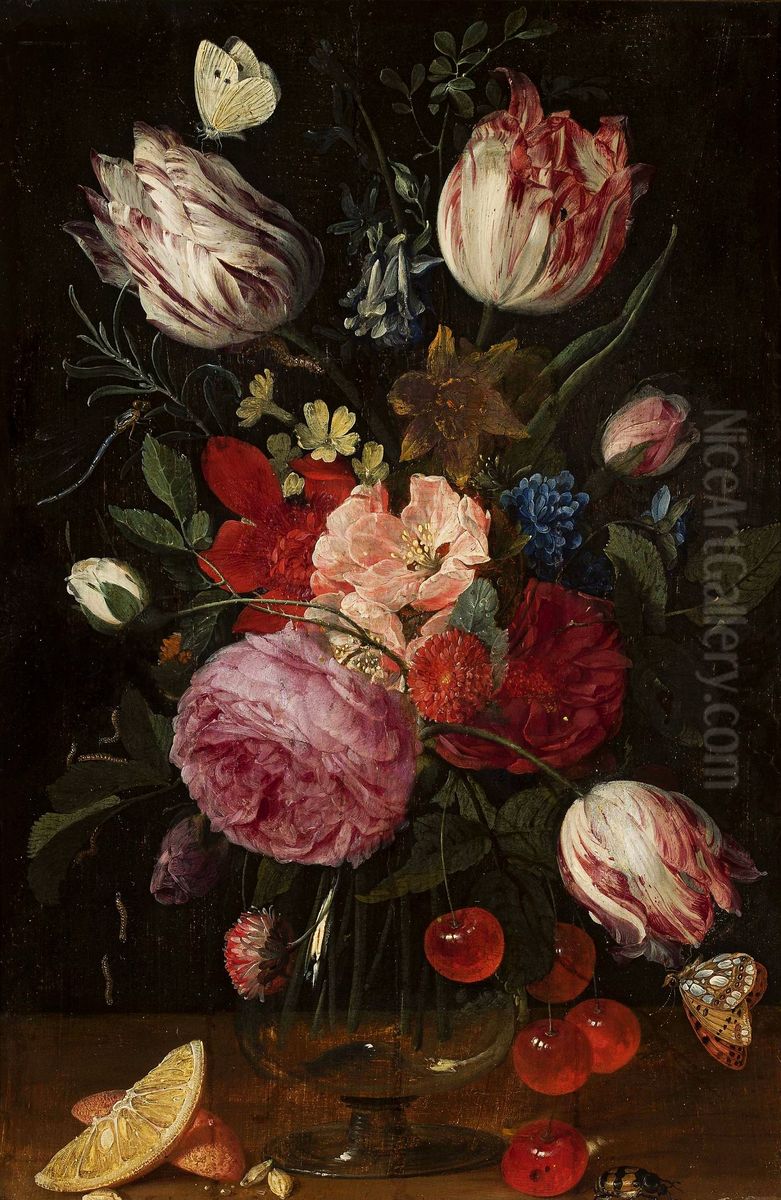 Flowers in a glass vase Oil Painting by Carstian Luyckx