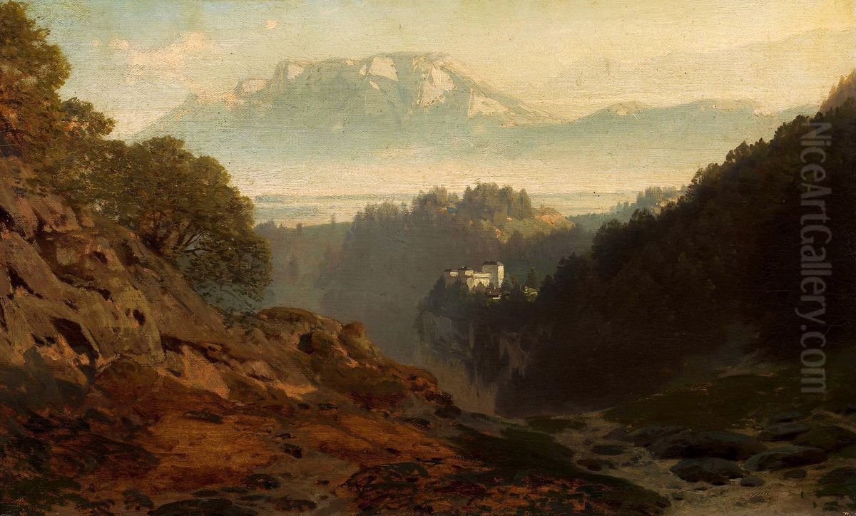 Mountain landscape with a castle Oil Painting by Ludwig Willroider