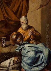 Old man with a sphere, an hourglass, a skull and books (Vanitas?)