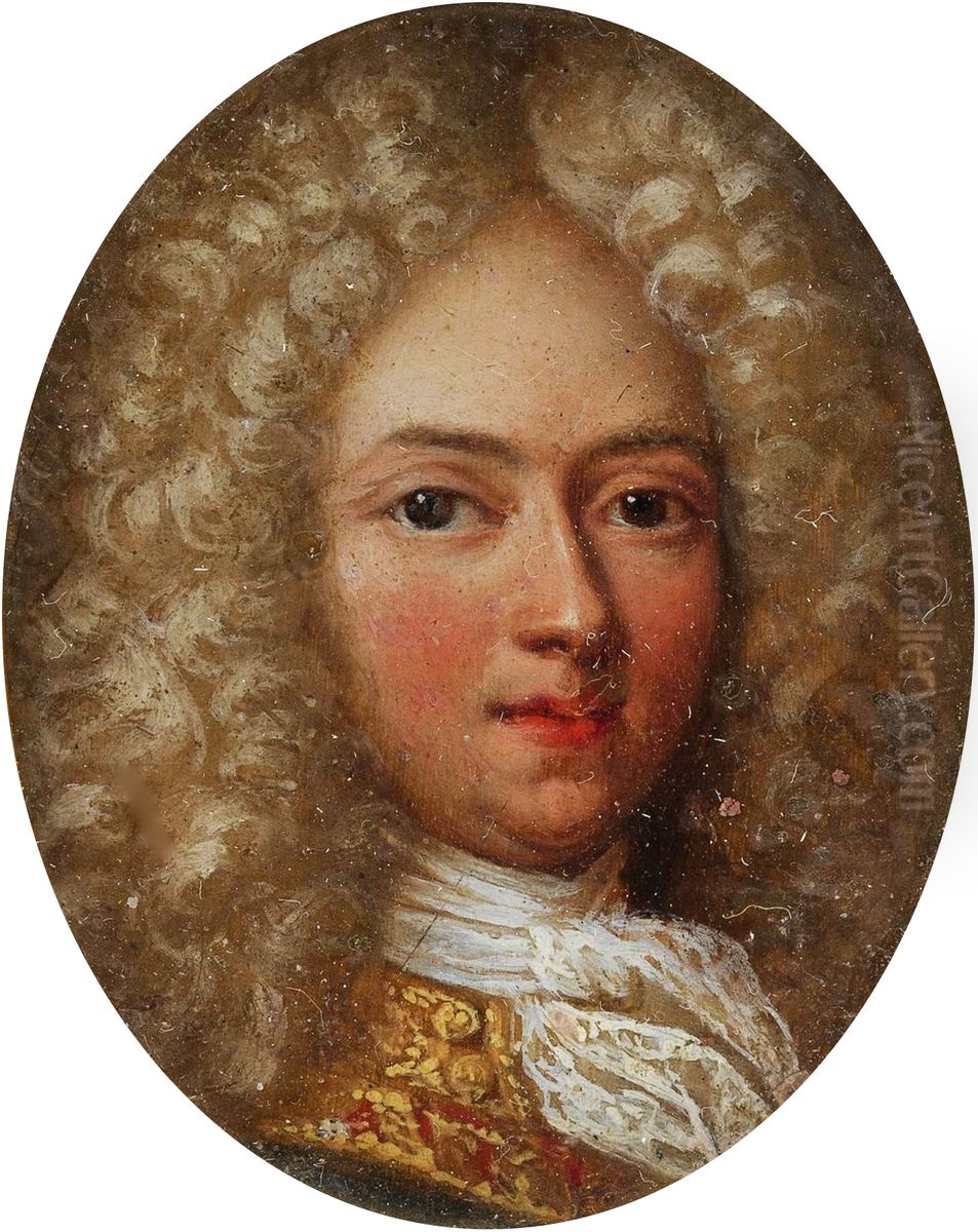 Miniature of a young man in a bright wig a la lion. Oil Painting by Caspar Netscher