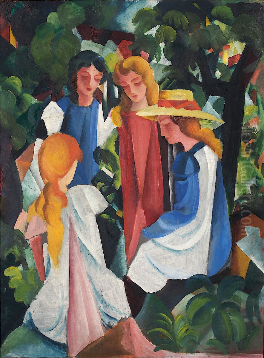 Quatre jeunes filles Oil Painting by August Macke