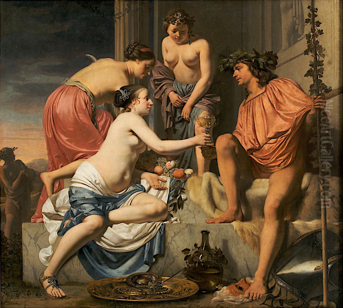 Bacchus on a Throne - Nymphs Offering Bacchus Wine and Fruit Oil Painting by Caesar Van Everdingen