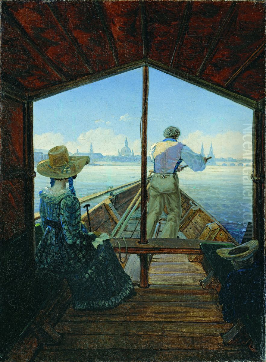 Barge Trip on the Elbe near Dresden (Morning on the Elbe) Oil Painting by Carl Gustav Carus