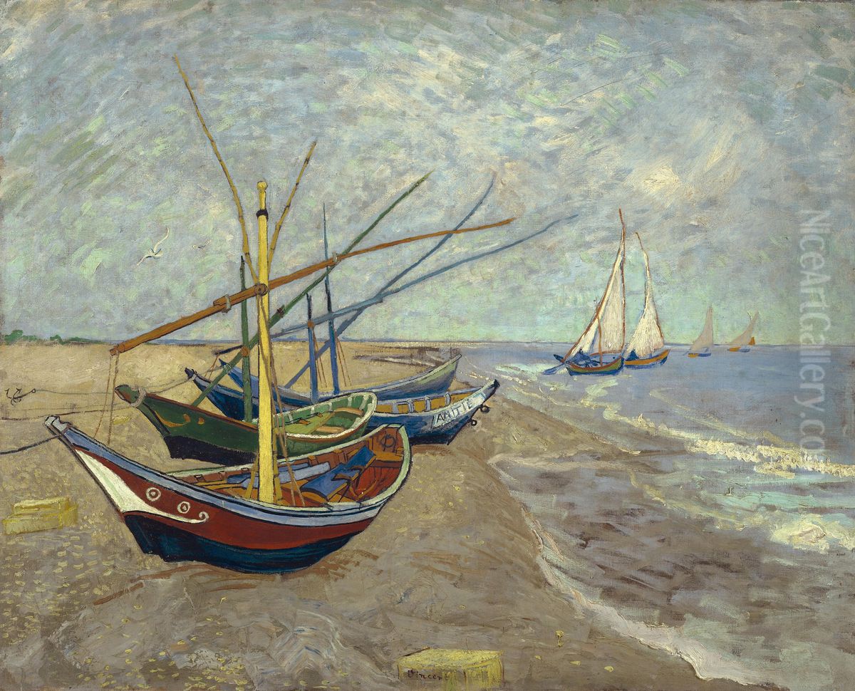 Fishing boats on the beach at Les Saintes-Maries-de-la-Mer Oil Painting by Vincent Van Gogh